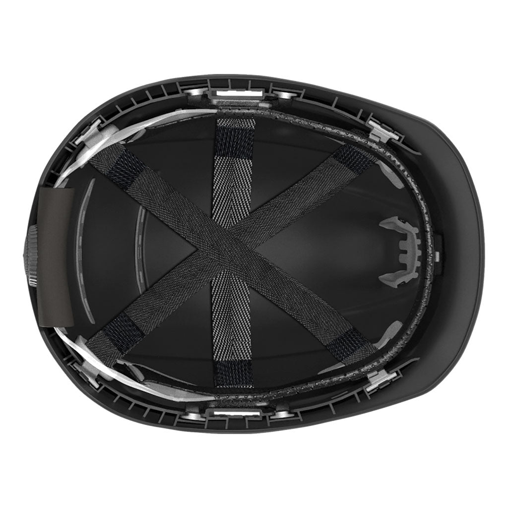 Ceros XP250 black safety helmet showcasing the suspension system on the underside of the helmet.