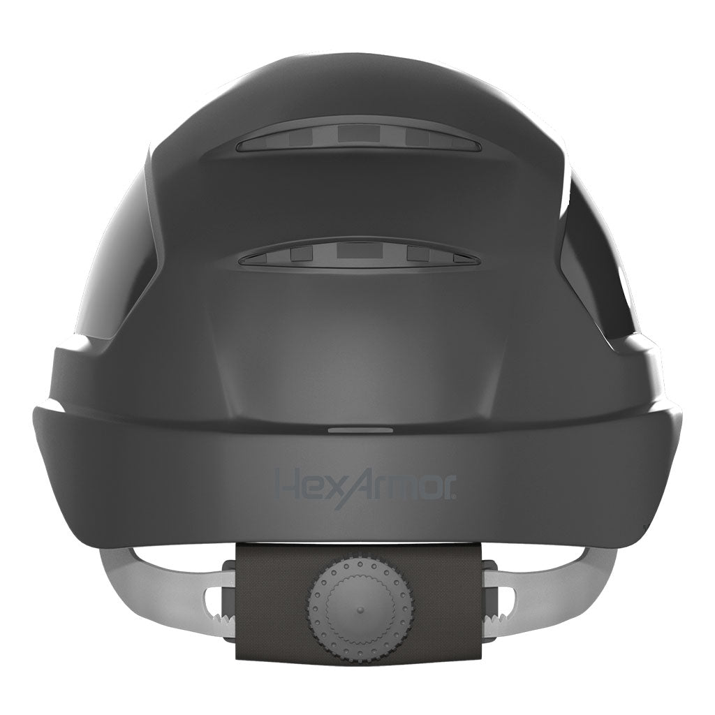 Ceros XP250E safety helmet as shown from the back showcasing the wheel ratchet adjustment system.