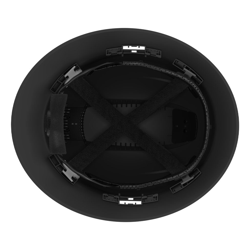 Underside view of Ceros XP300 full brim safety helmet showing the four point suspension system.