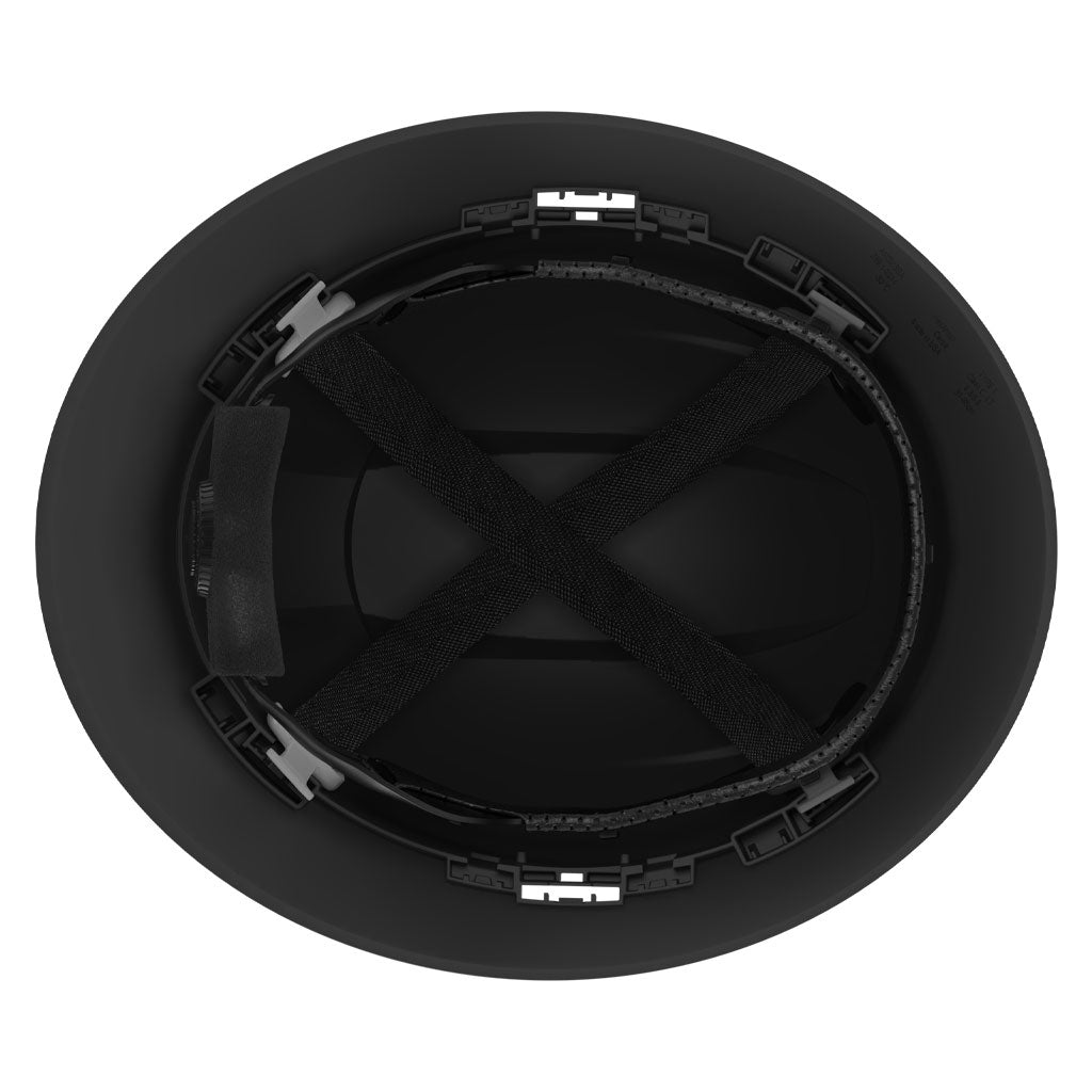 Underside view of Ceros XP300E full brim safety helmet showing the four point suspension system.