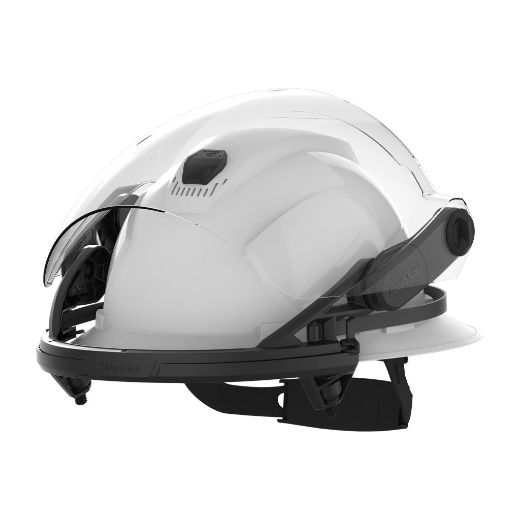 The HexArmor TruSpan face shield in it's nesting position on top of the safety helmet when not in use.
