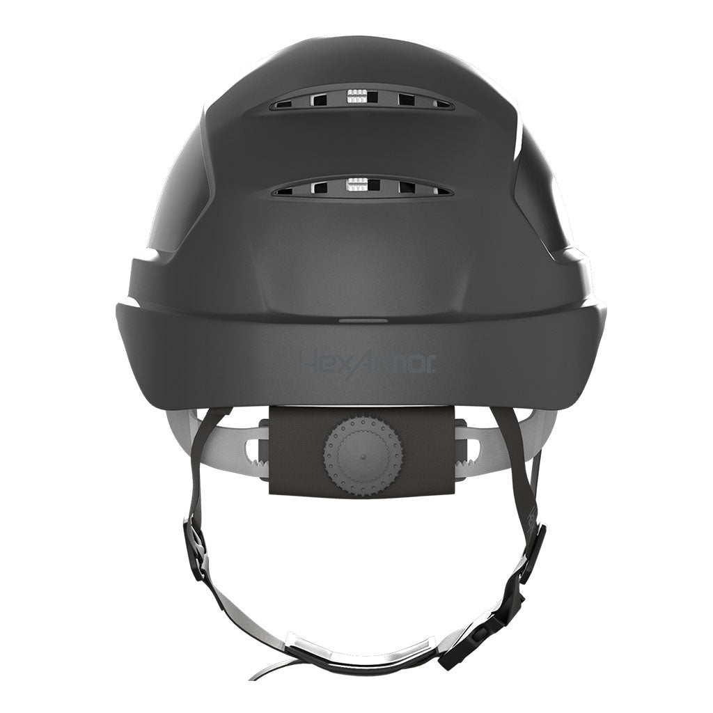 Ceros XP450A chin strap safety helmet as shown from the back showcasing the wheel ratchet adjustment system.