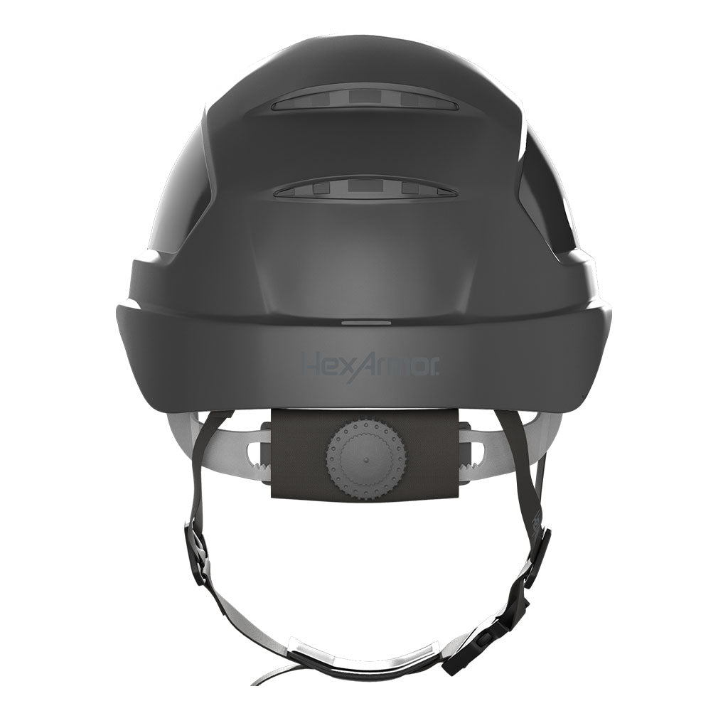 Ceros XP450AE chin strap safety helmet as shown from the back showcasing the wheel ratchet adjustment system.