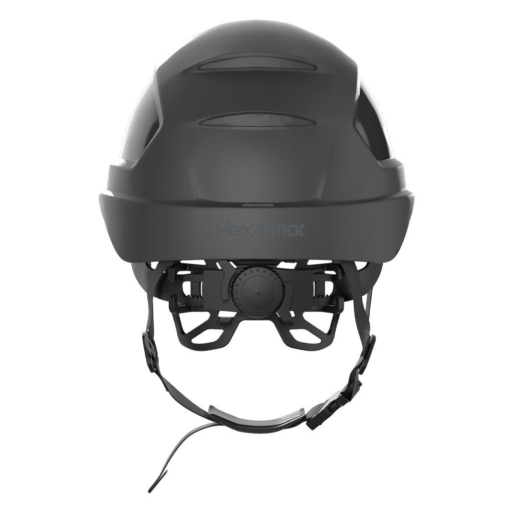 Ceros XP450AE with Mips and chin strap safety helmet as shown from the back showcasing the wheel ratchet adjustment system.