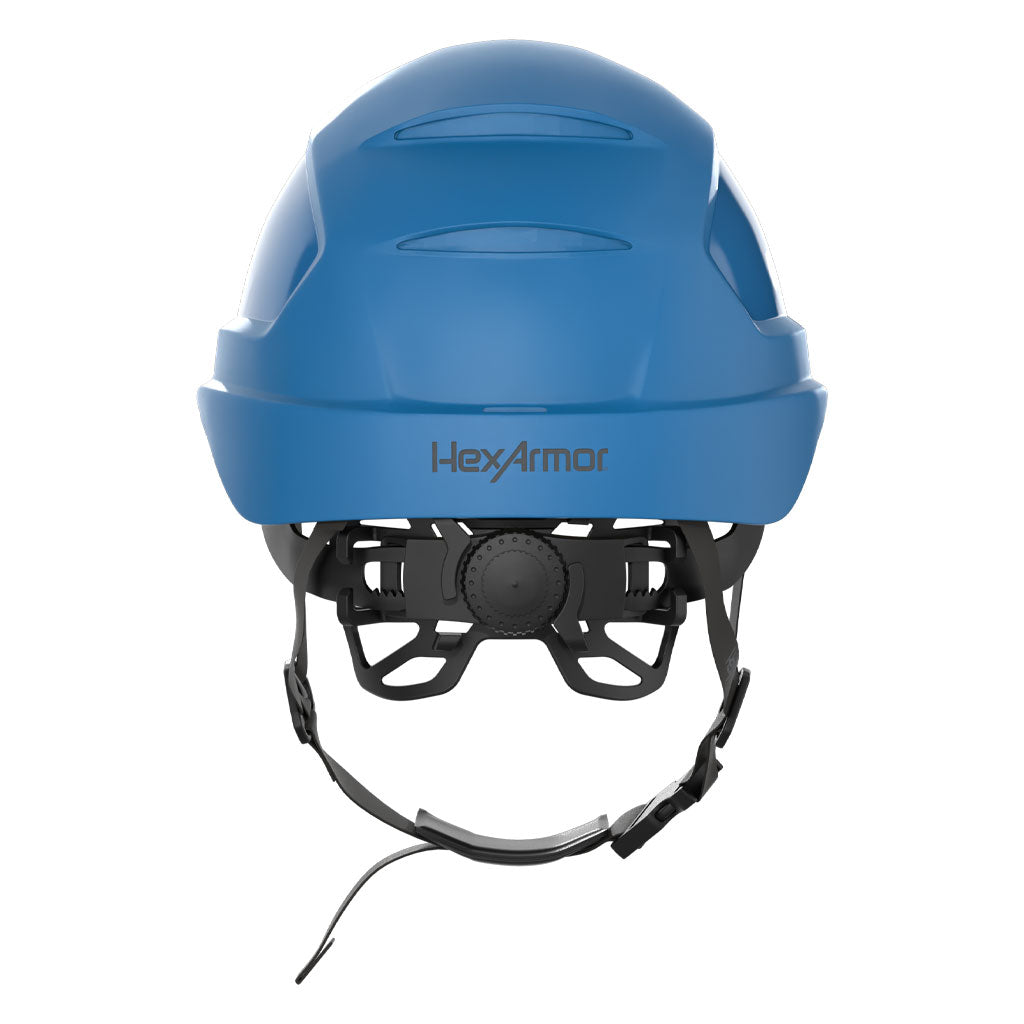 Ceros XP450AE with Mips and chin strap safety helmet as shown from the back showcasing the wheel ratchet adjustment system.