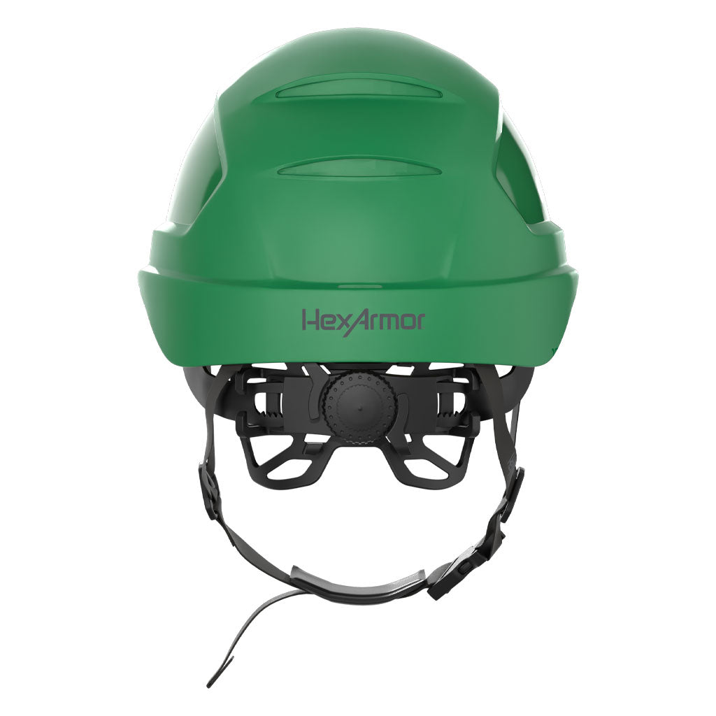 Ceros XP450AE with Mips and chin strap safety helmet as shown from the back showcasing the wheel ratchet adjustment system.