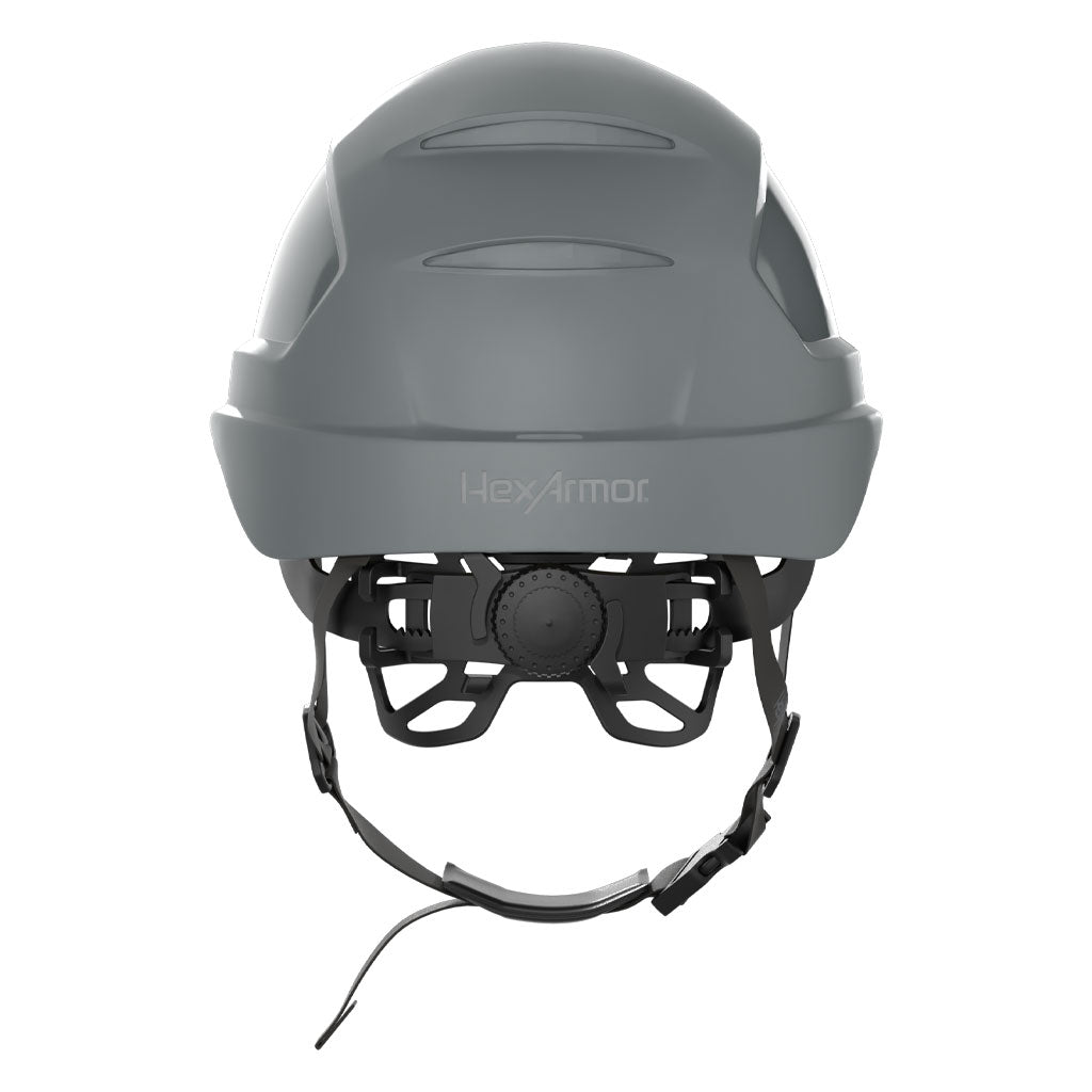 Ceros XP450AE with Mips and chin strap safety helmet as shown from the back showcasing the wheel ratchet adjustment system.