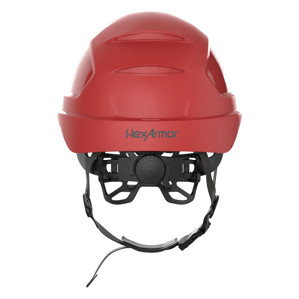 Ceros XP450AE with Mips and chin strap safety helmet as shown from the back showcasing the wheel ratchet adjustment system.