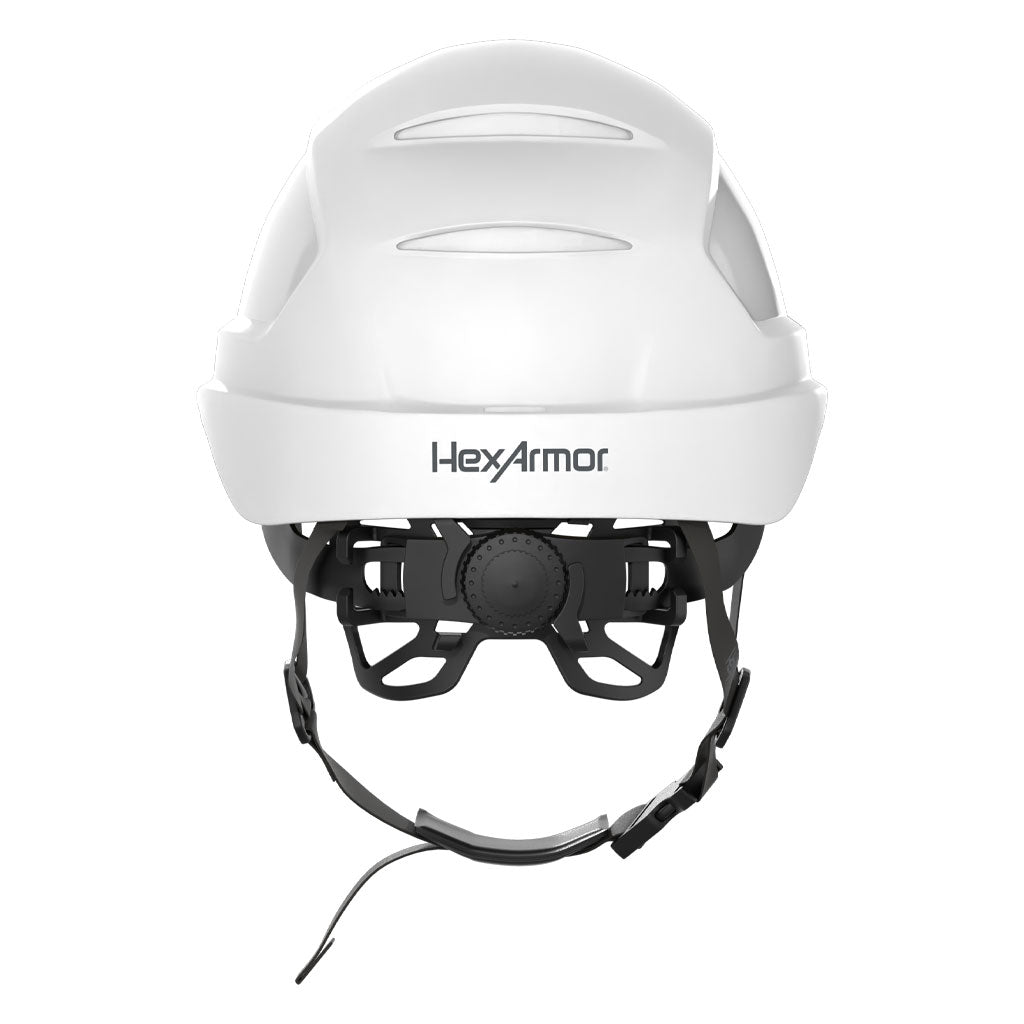 Ceros XP450AE with Mips and chin strap safety helmet as shown from the back showcasing the wheel ratchet adjustment system.