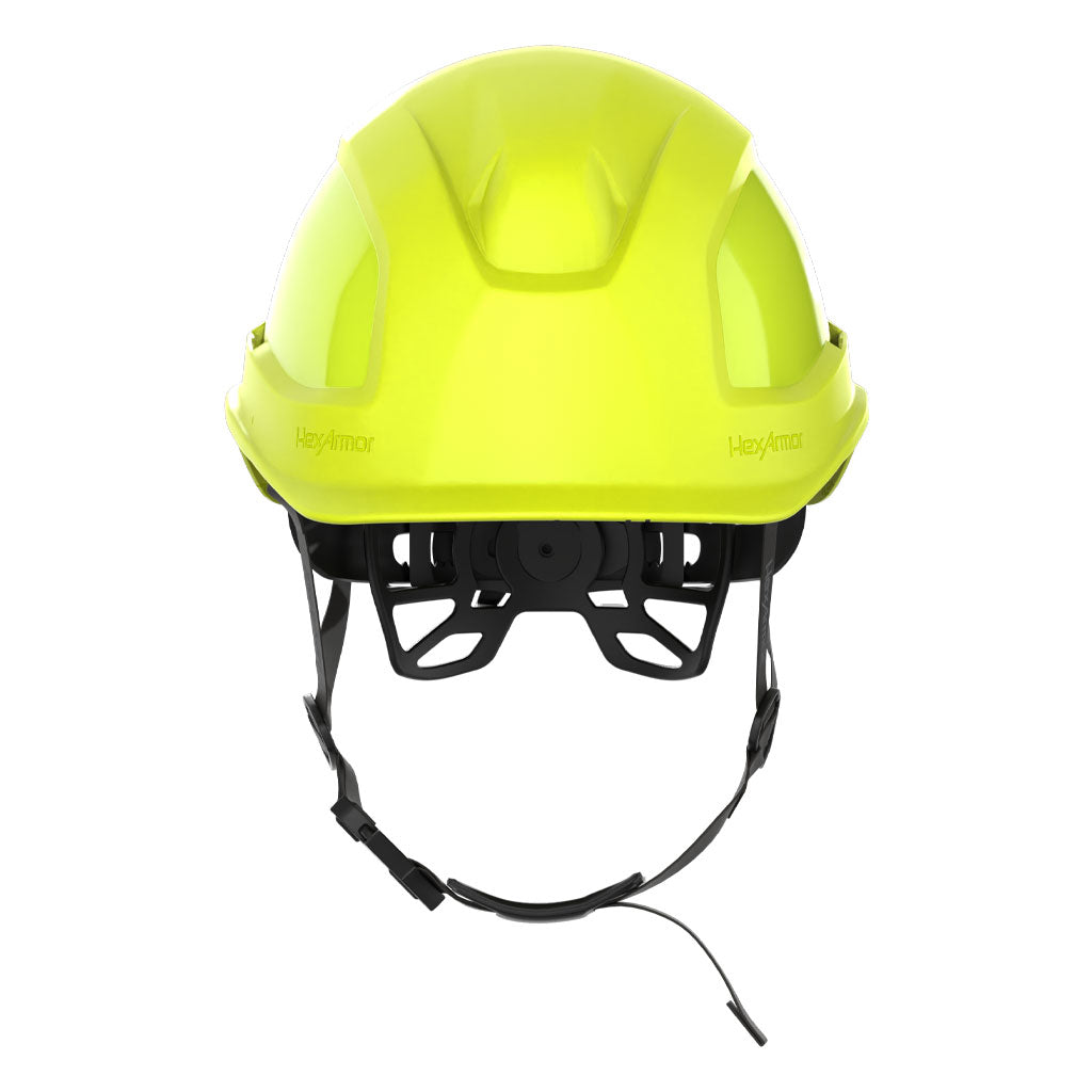 Ceros XP450AE with Mips Hi-vis yellow class E safety helmet with chin strap as shown from the front.