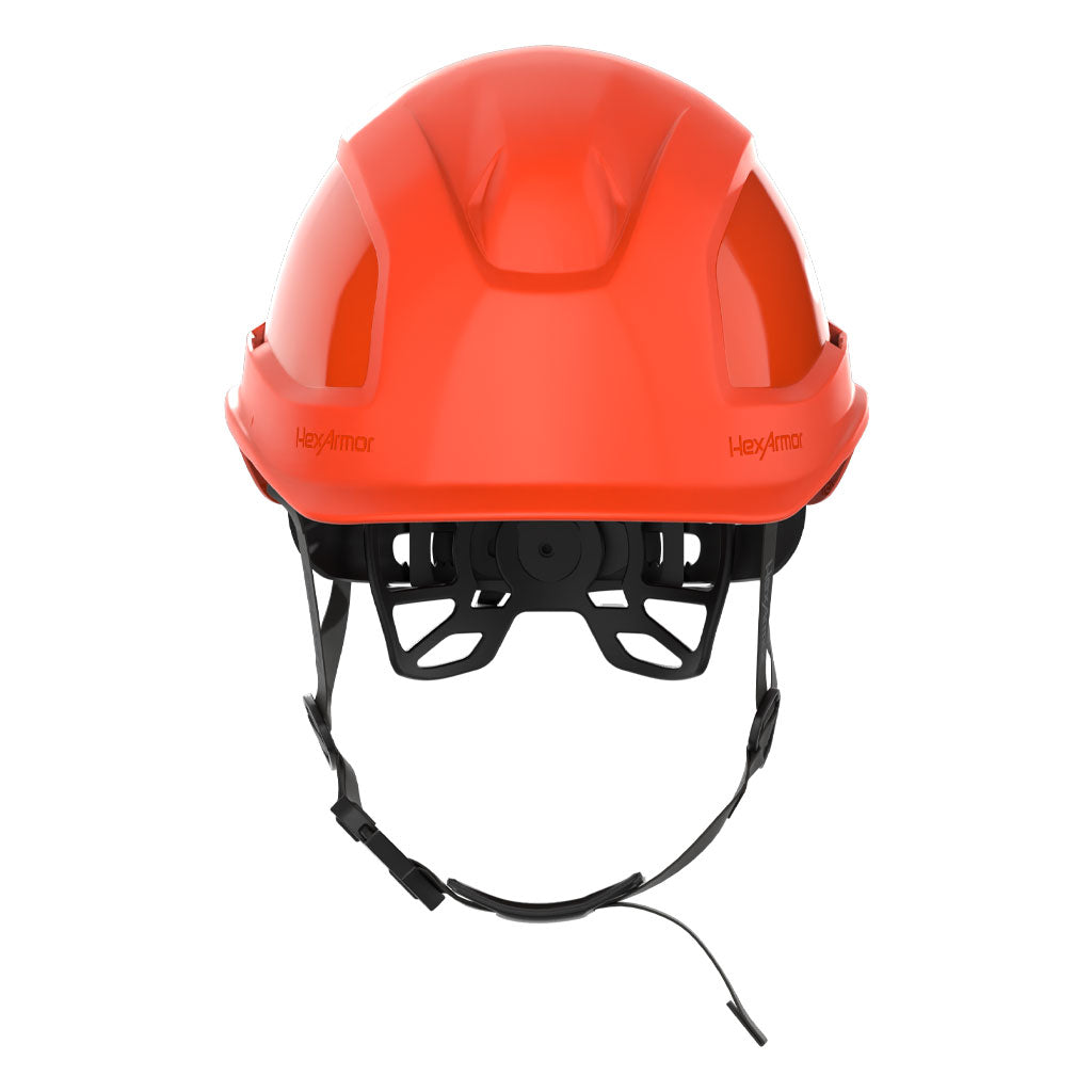 Ceros XP450AE with Mips orange class E safety helmet with chin strap as shown from the front.