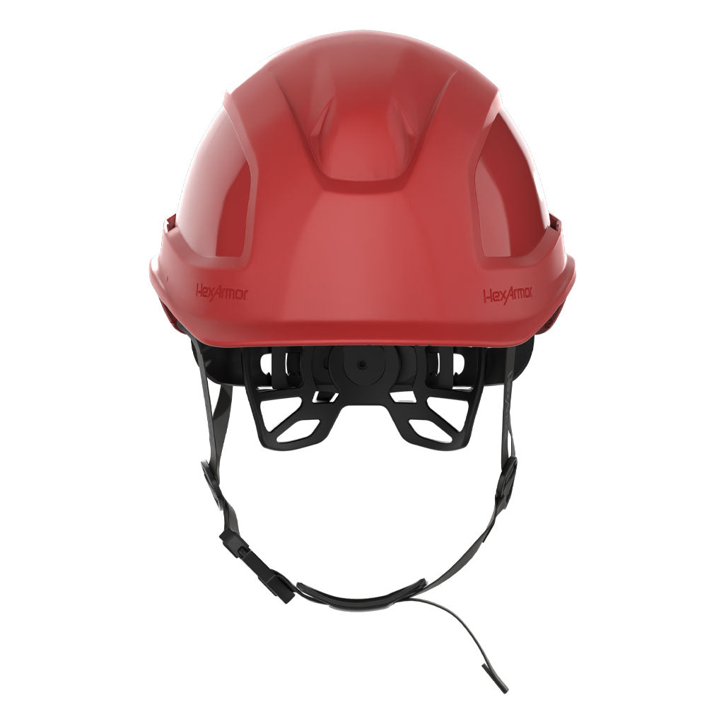 Ceros XP450AE with Mips red class E safety helmet with chin strap as shown from the front.