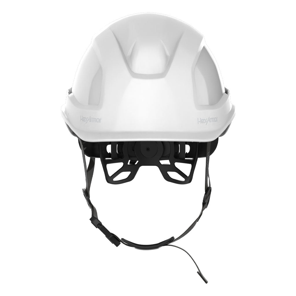 Ceros XP450AE with Mips white class E safety helmet with chin strap as shown from the front.