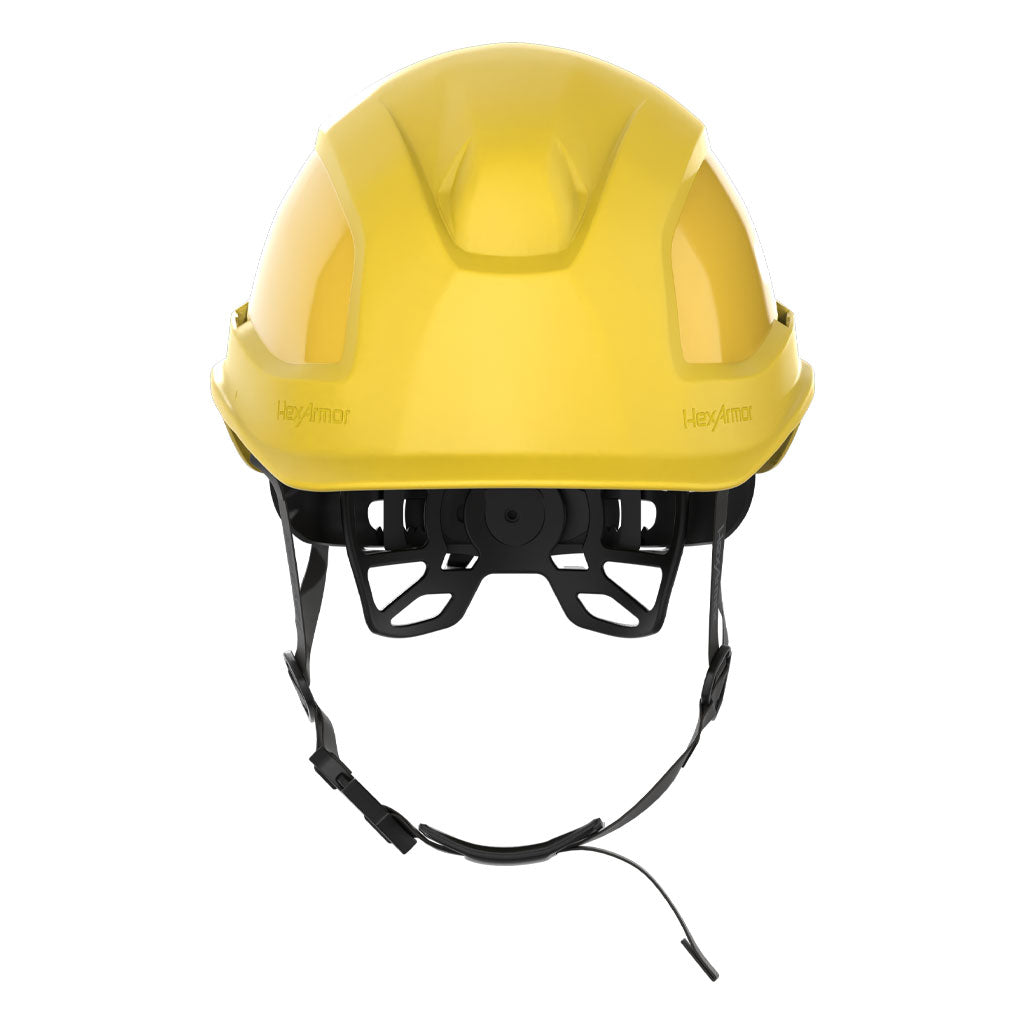 Ceros XP450AE with Mips yellow class E safety helmet with chin strap as shown from the front.