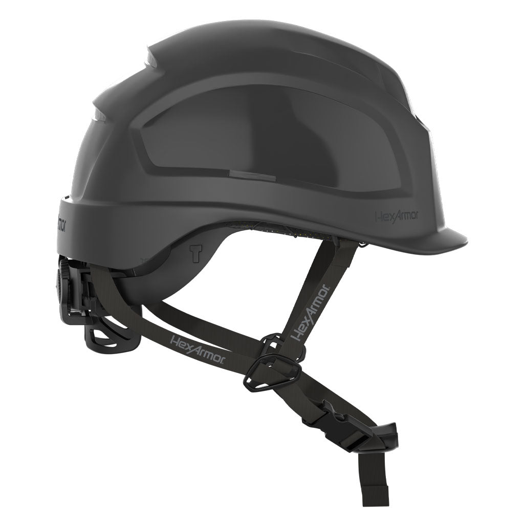 Ceros XP450AE with Mips black class E safety helmet with chin strap as shown from the front.