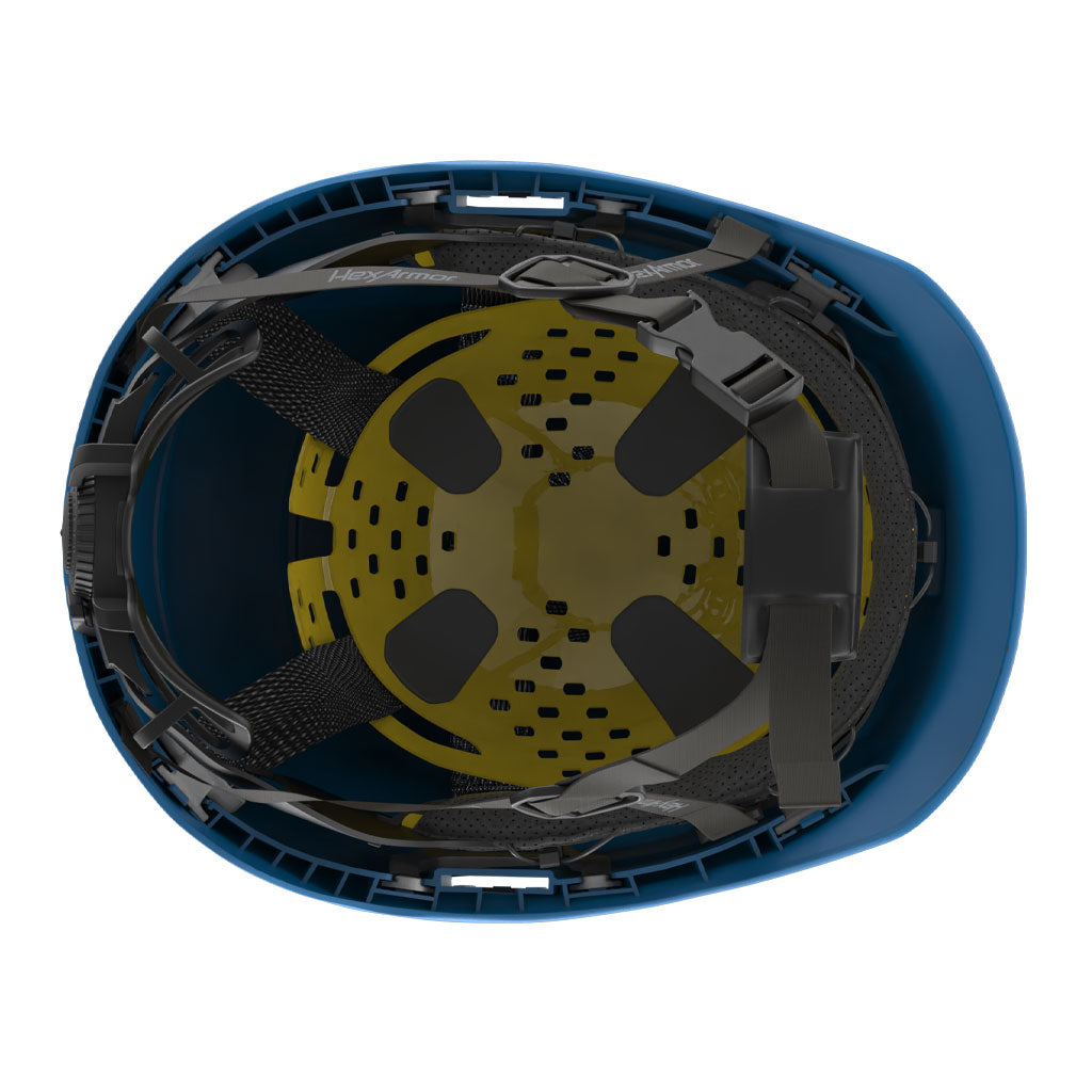 Ceros XP450A with Mips blue class E safety helmet showcasing the suspension system on the underside of the helmet.
