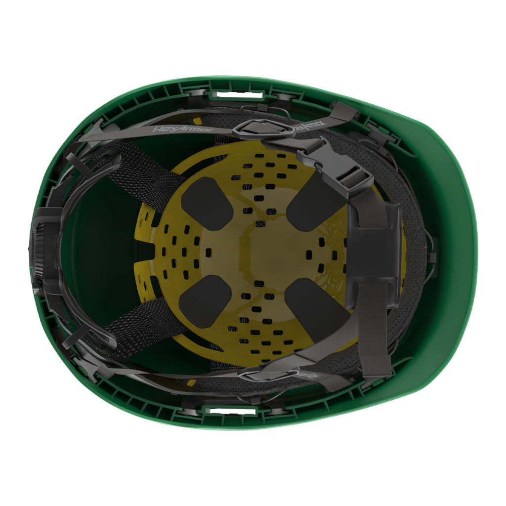 Ceros XP450A with Mips green class E safety helmet showcasing the suspension system on the underside of the helmet.