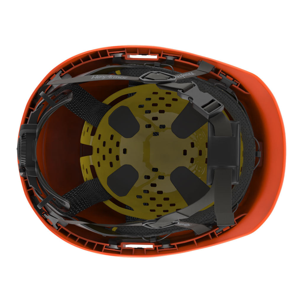 Ceros XP450A with Mips Hi-vis orange class E safety helmet showcasing the suspension system on the underside of the helmet.