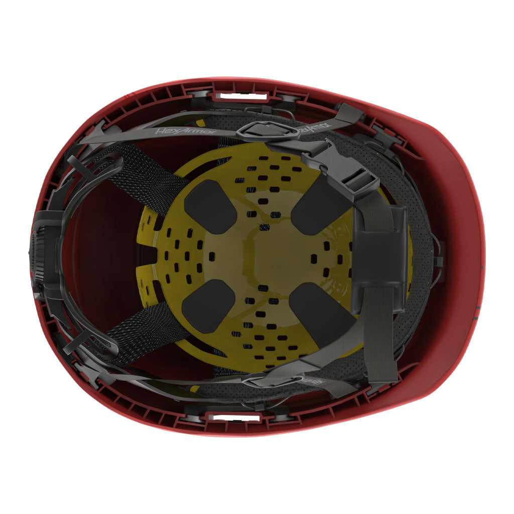 Ceros XP450A with Mips red class E safety helmet showcasing the suspension system on the underside of the helmet.
