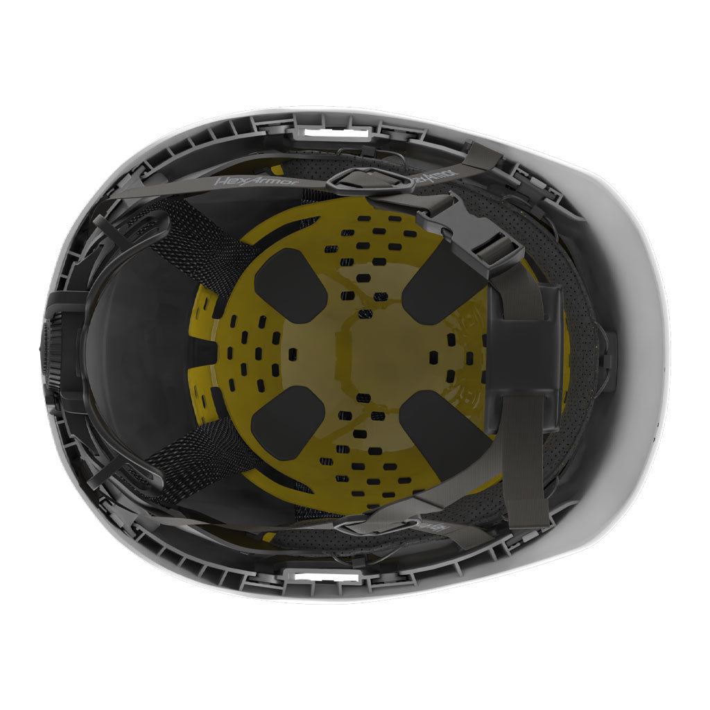 Ceros XP450A with Mips white class E safety helmet showcasing the suspension system on the underside of the helmet.