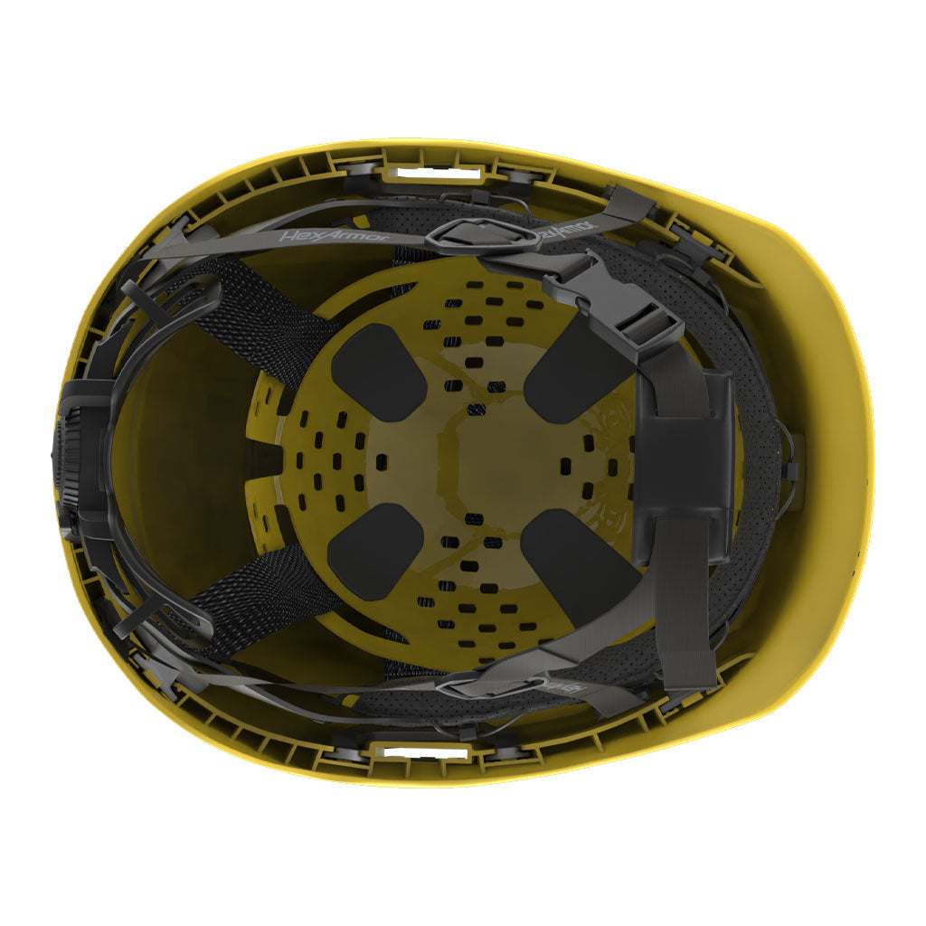 Ceros XP450A with Mips yellow class E safety helmet showcasing the suspension system on the underside of the helmet.