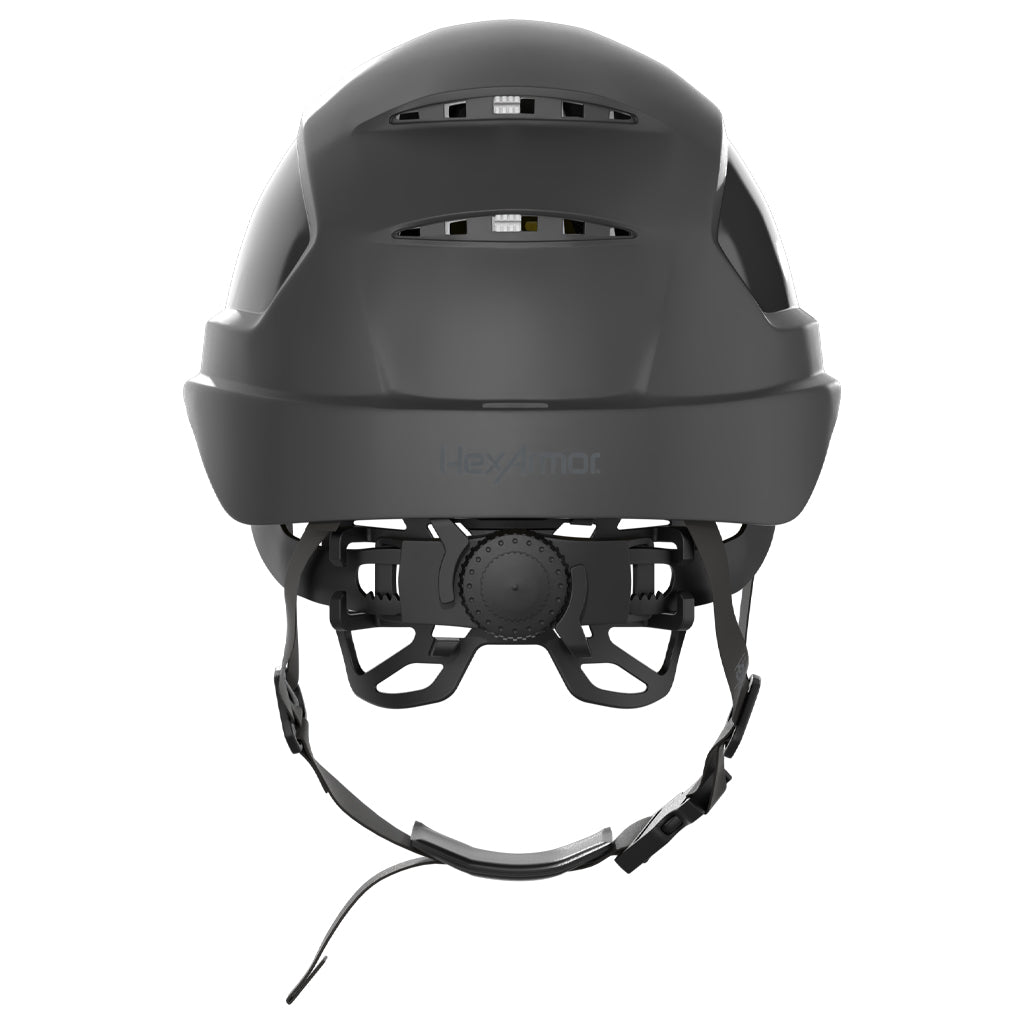Ceros XP450A with Mips and chin strap safety helmet as shown from the back showcasing the wheel ratchet adjustment system.
