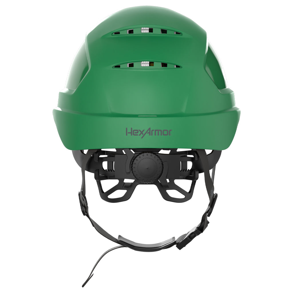 Ceros XP450A with Mips and chin strap safety helmet as shown from the back showcasing the wheel ratchet adjustment system.