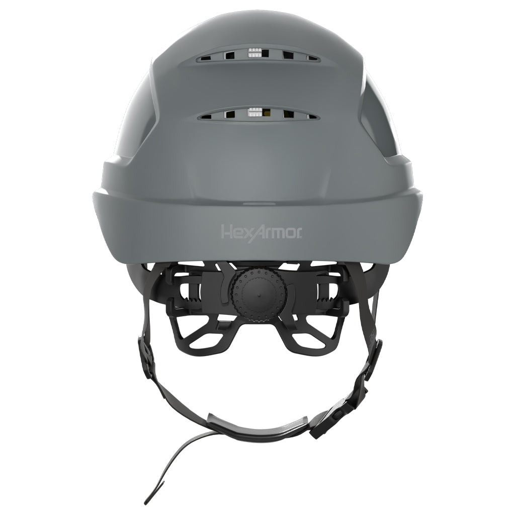 Ceros XP450A with Mips and chin strap safety helmet as shown from the back showcasing the wheel ratchet adjustment system.