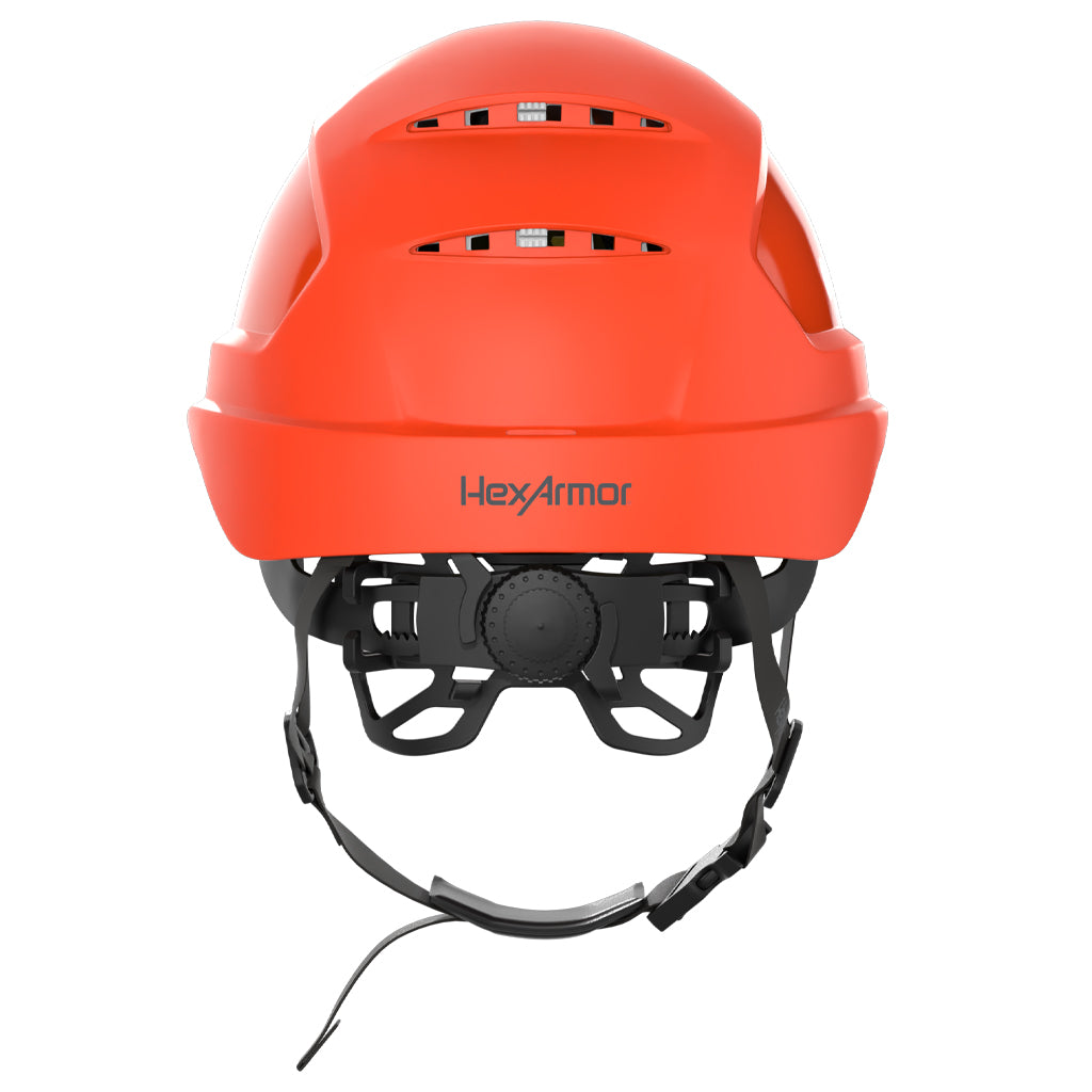 Ceros XP450A with Mips and chin strap safety helmet as shown from the back showcasing the wheel ratchet adjustment system.