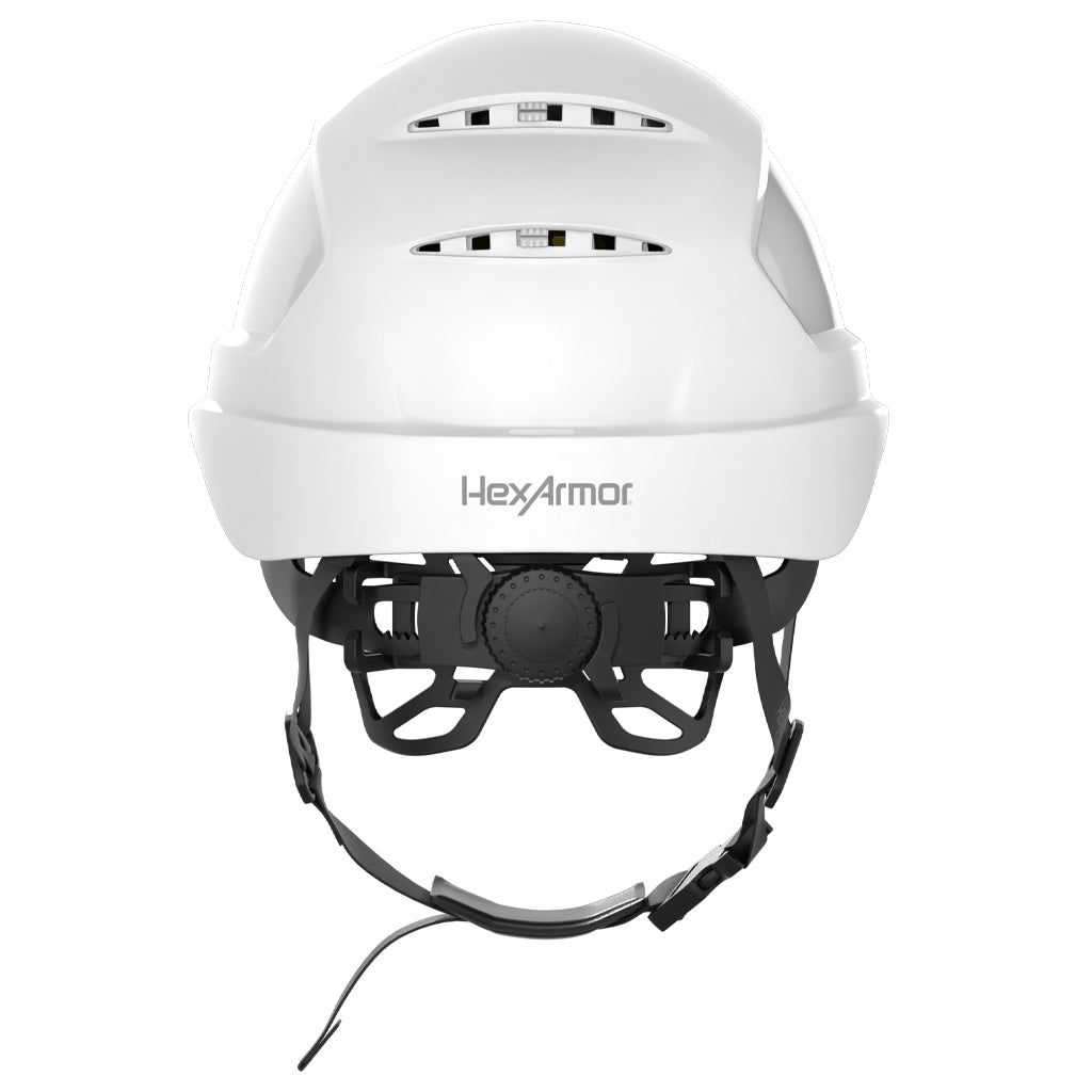 Ceros XP450A with Mips and chin strap safety helmet as shown from the back showcasing the wheel ratchet adjustment system.