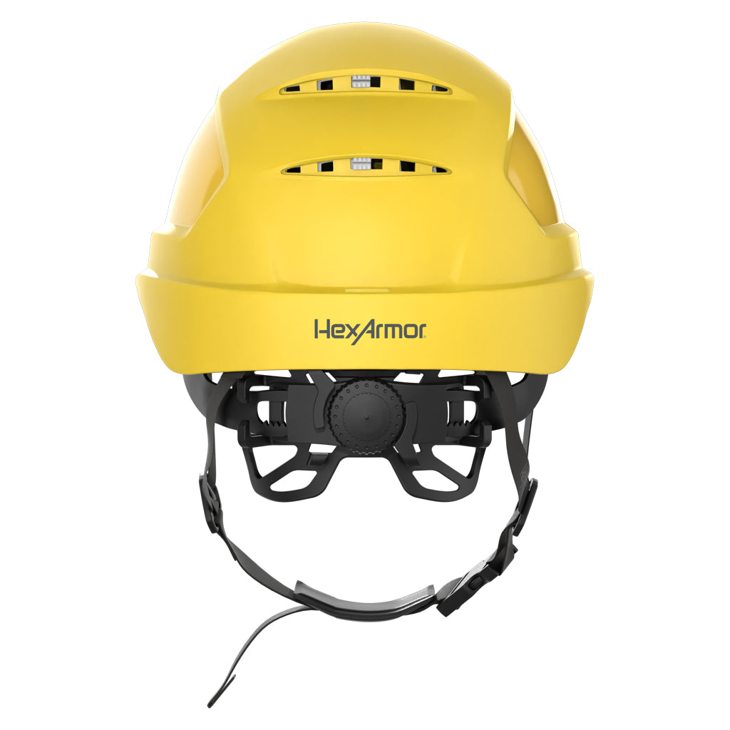 Ceros XP450A with Mips and chin strap safety helmet as shown from the back showcasing the wheel ratchet adjustment system.