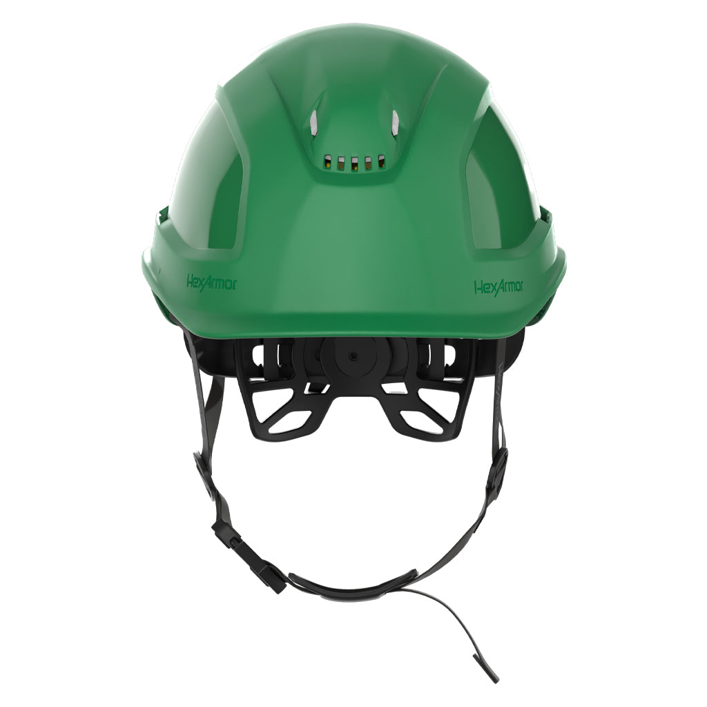 Ceros XP450A with Mips green chin strap safety helmet as shown from the front.