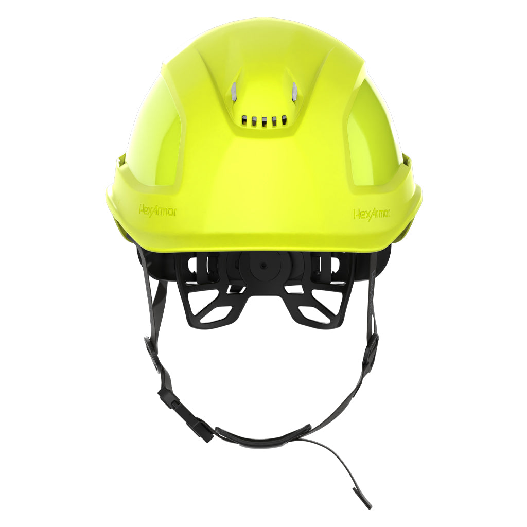 Ceros XP450A with Mips and chin strap safety helmet as shown from the back showcasing the wheel ratchet adjustment system.