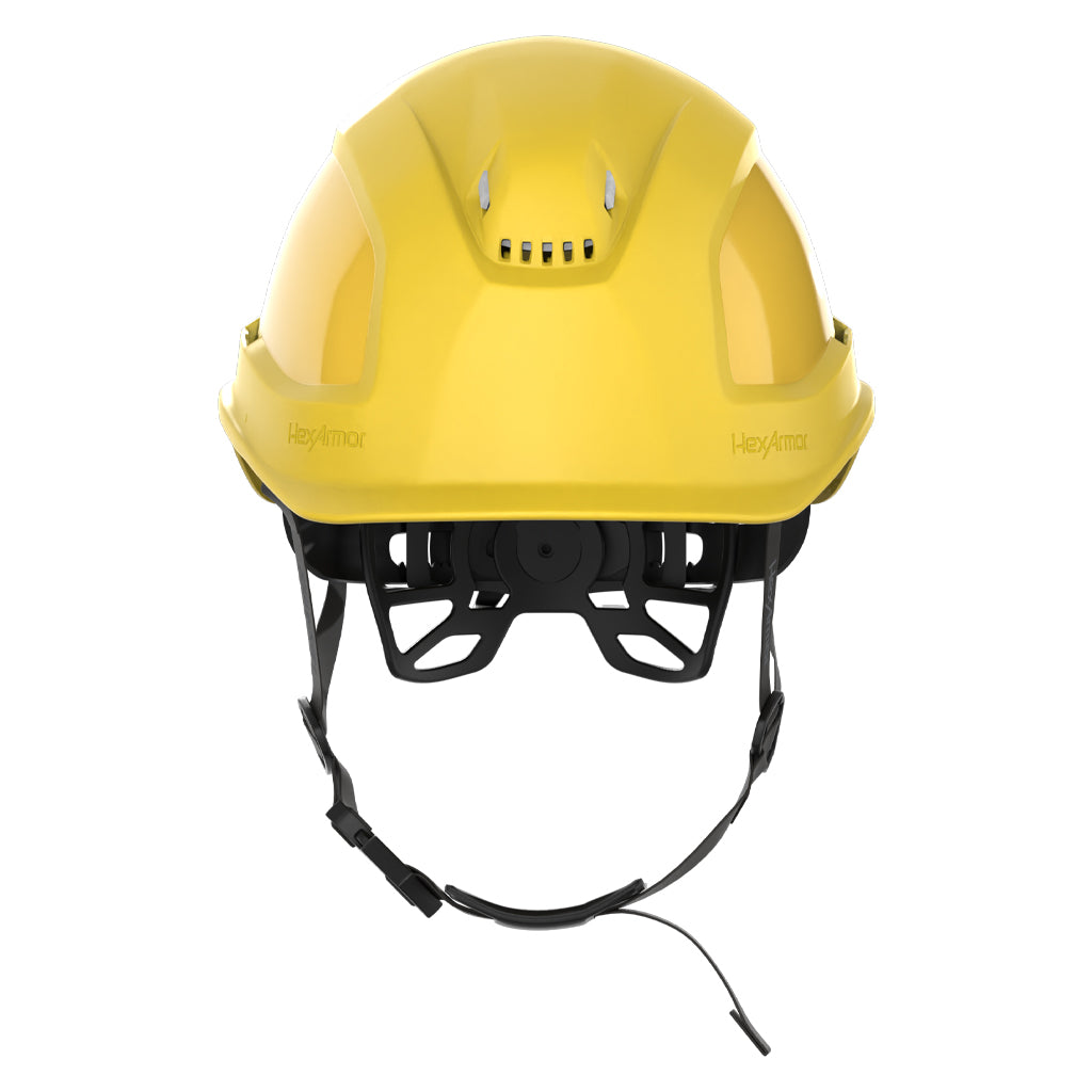 Ceros XP450A with Mips yellow chin strap safety helmet as shown from the front.