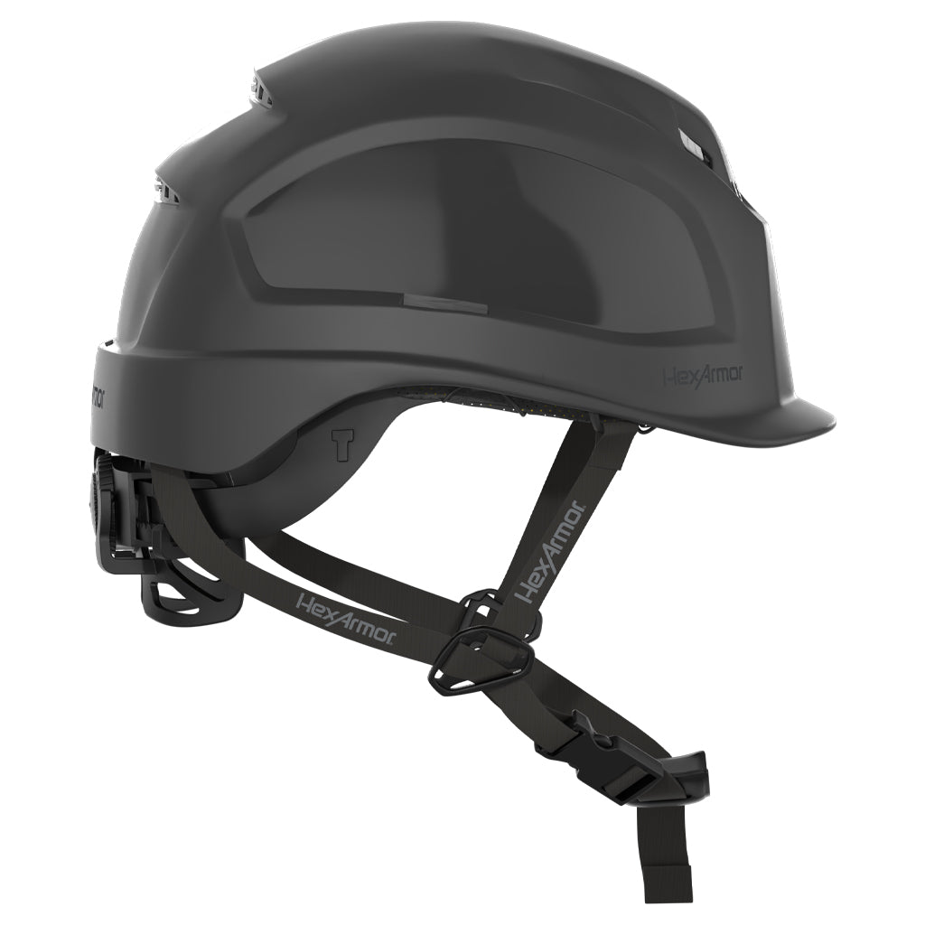 Ceros XP450A with Mips black vented safety helmet with chin strap as shown from the side.