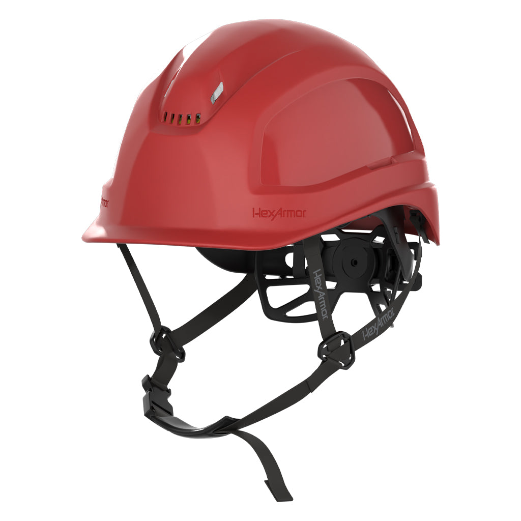 Ceros XP450A with Mips red vented safety helmet with chin strap.