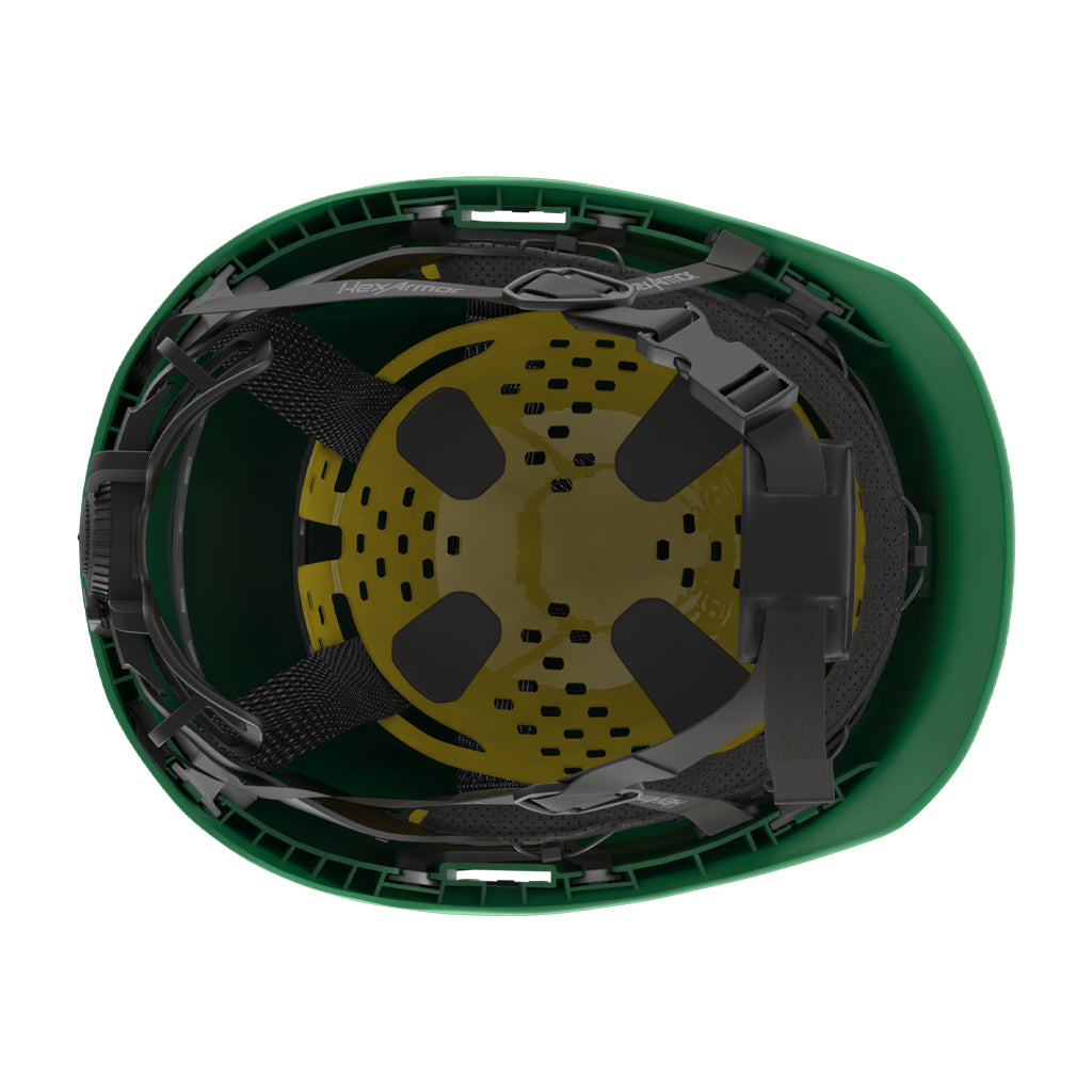 Ceros XP450A with Mips green safety helmet showcasing the suspension system on the underside of the helmet.