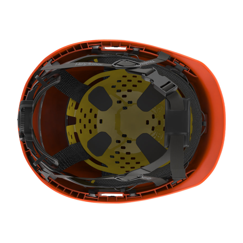 Ceros XP450A with Mips Hi-vis orange safety helmet showcasing the suspension system on the underside of the helmet.