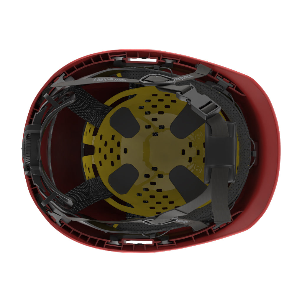 Ceros XP450A with Mips red safety helmet showcasing the suspension system on the underside of the helmet.