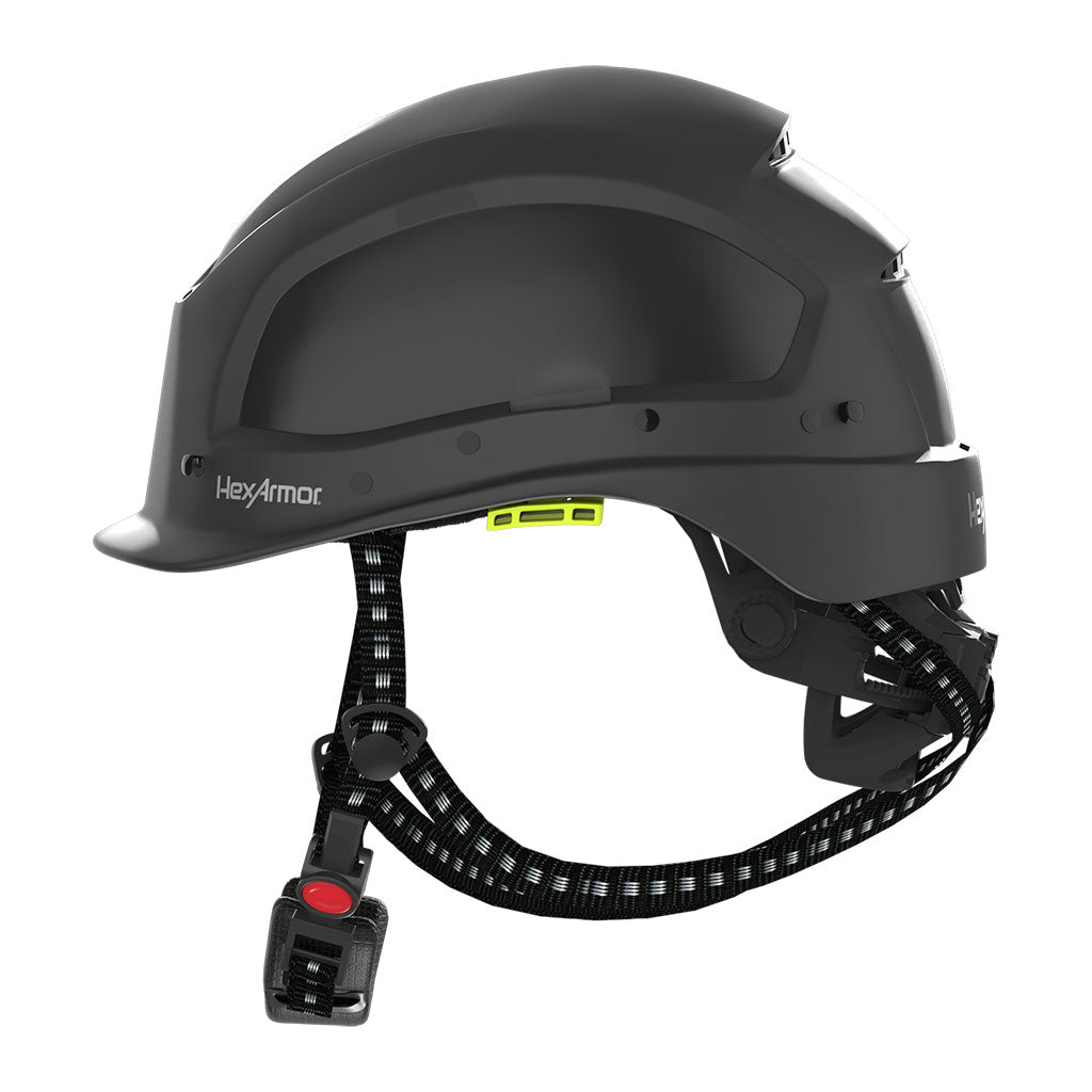 Ceros XA250 black safety helmet with chin strap as shown from the side.