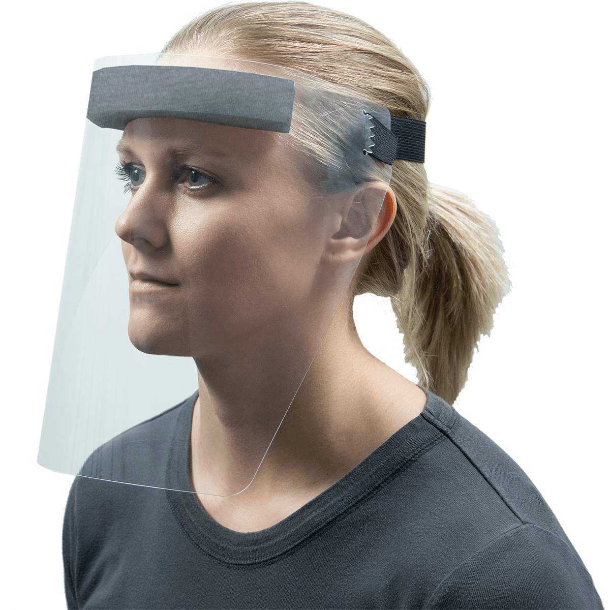 Fluid-resistant disposable face shield on female