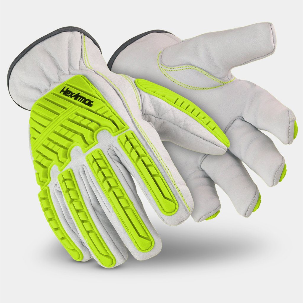 Hexarmor heavy duty 8012 goatskin leather safety gloves with hi vis back of hand impact guards and a slipfit cuff