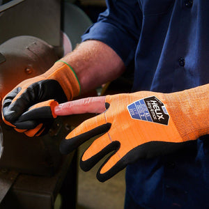 Hexarmor helix 1092 orange seamless knit safety gloves with black foam nitrile palm coating and safe finger release technology