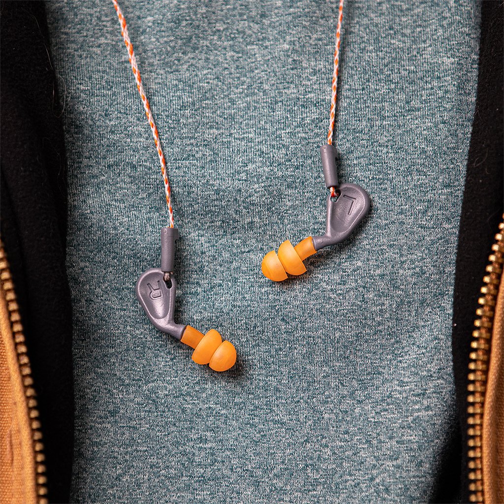 simpleFit® reusable guided earplugs hanging around neck